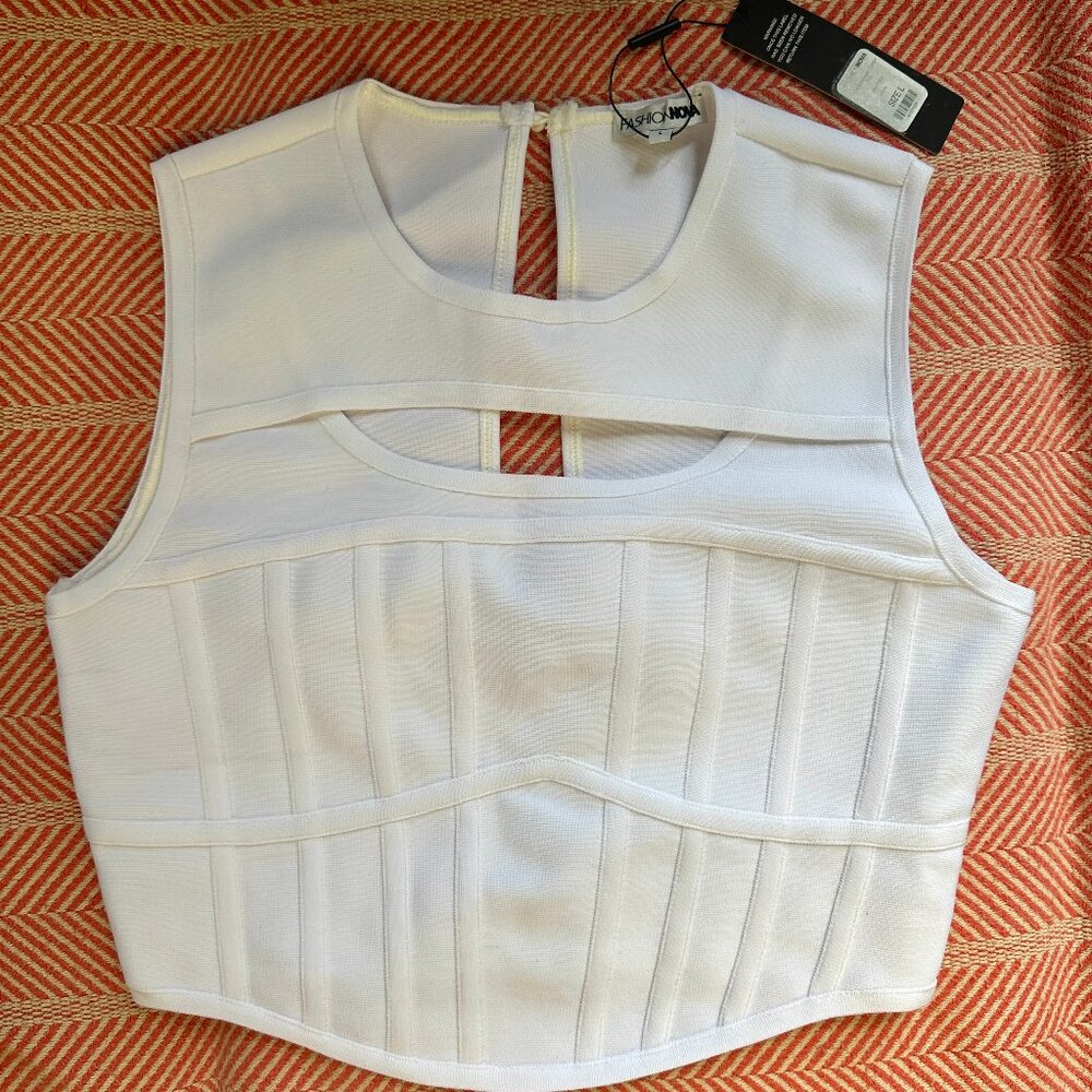 Fashion Nova "Gia Bandage" Corset top w/ zipped back - White Large NWT